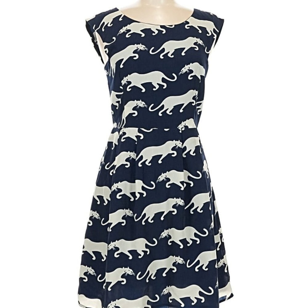 ModCloth Navy and White Panther Print Fit-and-Flare Dress